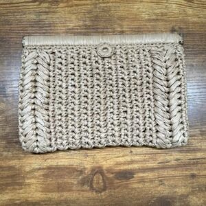 Vintage Made in Italy Woven Straw Clutch Purse Beige Crochet Chevron Handbag